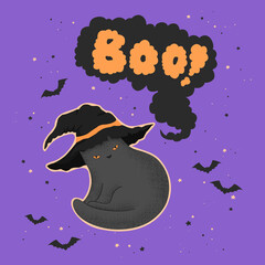 Happy Halloween vector card with hand drawn cute cat in witch hat and lettering isolated on purple background. Illustration template for invitation, card, print, banner