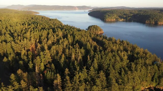 Cinematic 4K aerial drone footage of Orcas Island, sailboats and yachts anchored in Blind Bay on Shaw Island in the San Juan Islands in Washington
