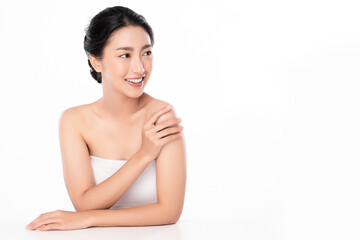 Beautiful young asian woman with clean fresh skin on white background, Face care, Facial treatment, Cosmetology, beauty and spa, Asian women portrait.