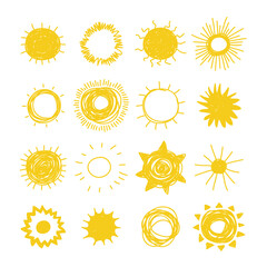 Hand drawn Illustration Sun. Doodle style element isolated on white background. Yellow Solar System Objects