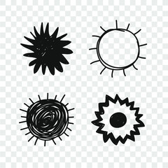 Hand drawn Illustration Sun. Doodle style element isolated on white background. Black Solar System Objects