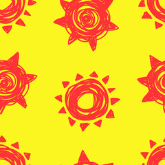 Hand drawn Illustration Sun. Doodle style seamless pattern. Yellow Solar System Objects