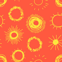 Hand drawn Illustration Sun. Doodle style seamless pattern. Yellow Solar System Objects