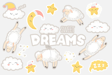 Vector stickers collection with cute hand drawn cartoon clouds, moon, stars and sheeps isolated on grey background. Sweet dreams Illustration for print, card, stationery