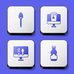 Set Spoon, Online ordering food, and Sauce bottle icon. White square button. Vector