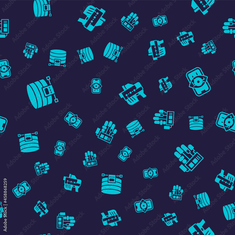 Poster set cloud database, computer vision, futuristic weapon and mechanical robot hand on seamless pattern