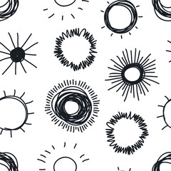 Hand drawn Illustration Sun. Doodle style seamless pattern. Yellow Solar System Objects