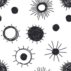 Hand drawn Illustration Sun. Doodle style seamless pattern. Yellow Solar System Objects
