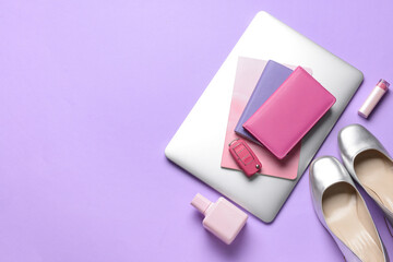 Composition with notebooks, laptop and car key on color background