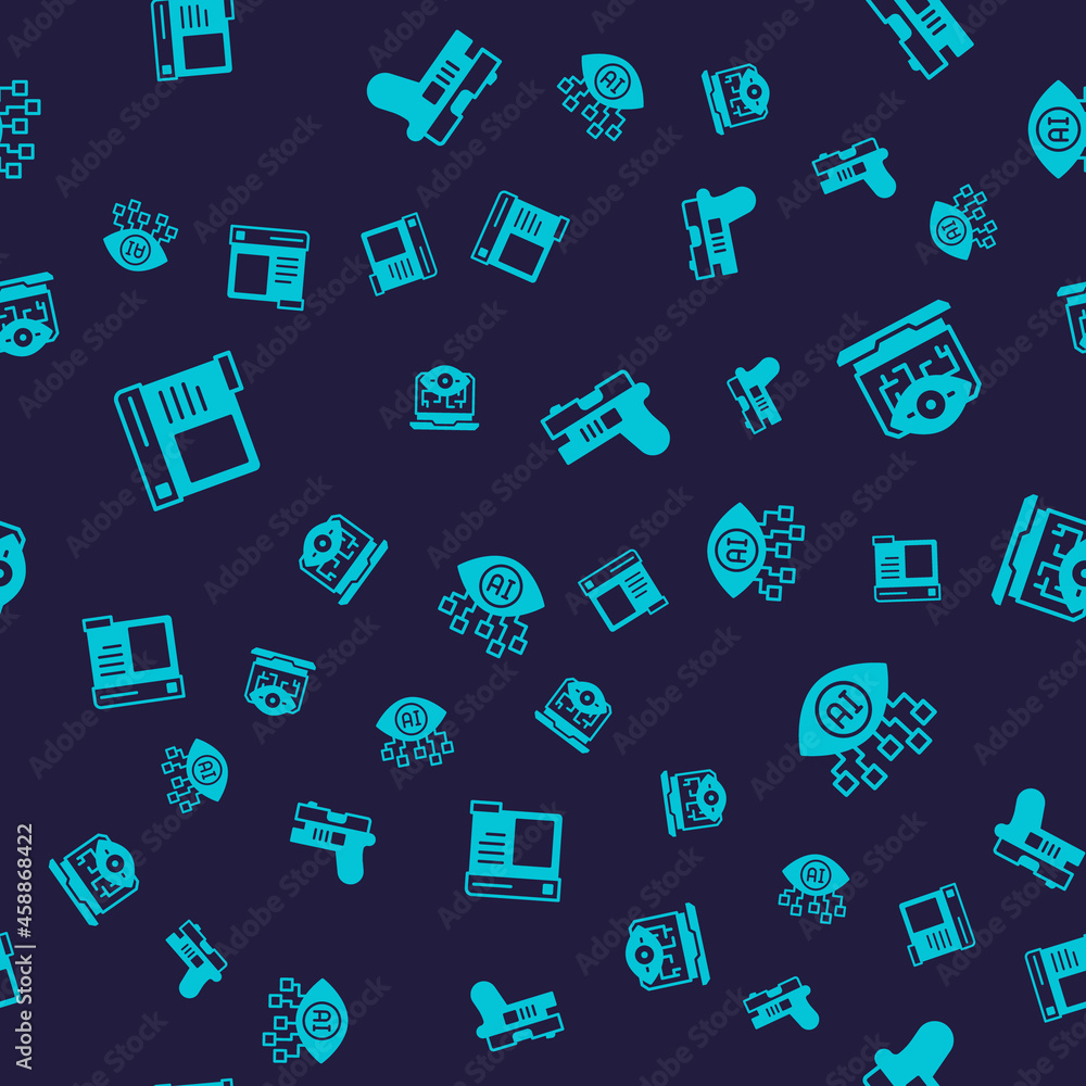 Poster set browser window, computer vision, futuristic weapon and on seamless pattern. vector