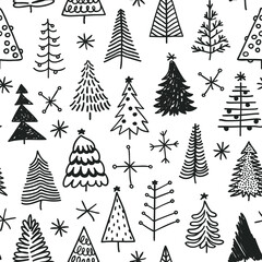 Seamless pattern with hand drawn Christmas tree. Abstract  doodle drawing winter wood. Vector art Holidays illustration