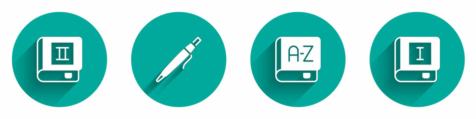 Set Book, Pen, Translator book and icon with long shadow. Vector