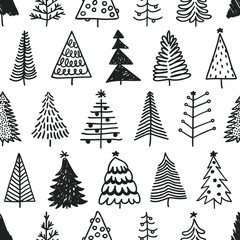 Seamless pattern with hand drawn Christmas tree. Abstract  doodle drawing winter wood. Vector art Holidays illustration