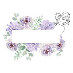Frame with a sketch of a girl's head and flowers. Isolated on a white background.
