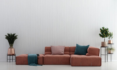 Obraz premium Modern cozy living room and white pattern wall texture background interior design. 3D rendering