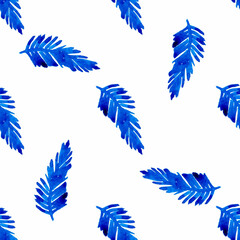 XMAS watercolor Branch Pine Tree Seamless Pattern in Blue Color. Hand Painted Floral Branches fir tree background or wallpaper for Ornament, Wrapping or Christmas Gift