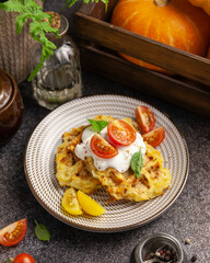 vegetable waffles on a dark background. proper nutrition, healthy eating, farm food, seasonal menu concept