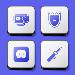 Set Electrical outlet, Lightning and shield, and Soldering iron icon. White square button. Vector