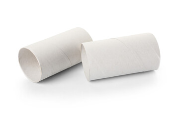 Cardboard toilet paper tubes on white background