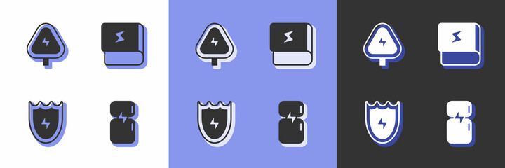 Set Refrigerator, High voltage, Lightning and shield and Book about electricity icon. Vector