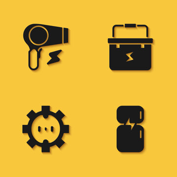 Set Hair dryer, Refrigerator, Electrical outlet and Toolbox electrician icon with long shadow. Vector