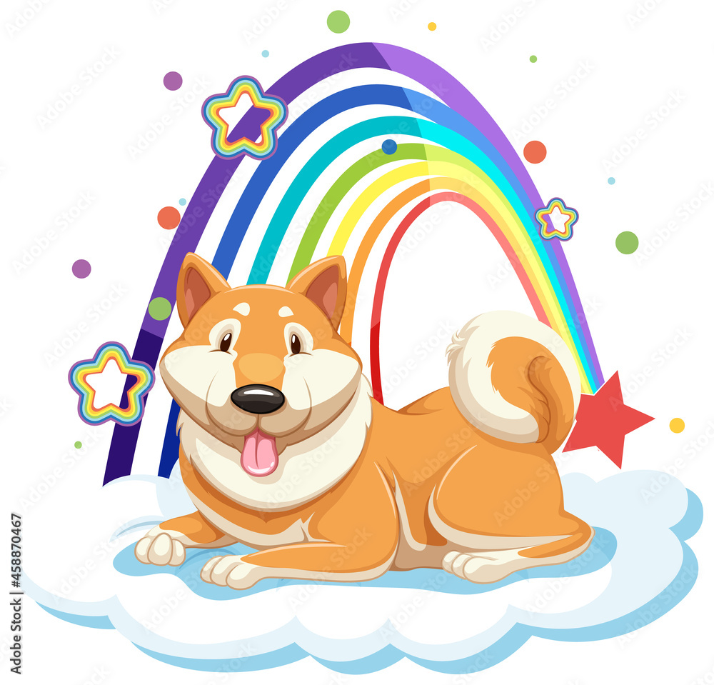 Sticker Cute dog on the cloud with rainbow