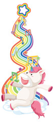 Unicorn sitting on the cloud with rainbow on white background