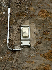 Old electric meter for two day / night tariffs on the wall of an old building. Visible power cable to the electricity meter. The wall is covered with dry vegetation and branches.09/2021 France - obrazy, fototapety, plakaty