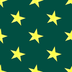 Seamless pattern with yellow stars. Cute baby design. Hand-drawn illustrations of yellow watercolor stars on a green background. For the design of fabric, wallpaper, and children's textiles.