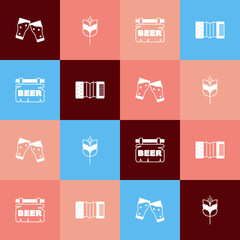 Set pop art Glass of beer, Wheat, Street signboard with Beer and Accordion icon. Vector
