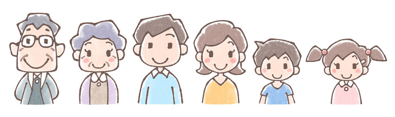 三世代家族の上半身バラセット水彩風