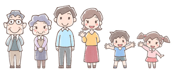 三世代家族の全身バラセット水彩風