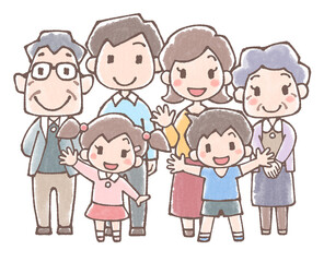 三世代家族の全身集合イラスト水彩風