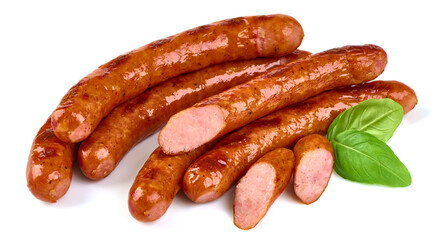 Grilled bbq sausages on the barbecue, isolated on white background.