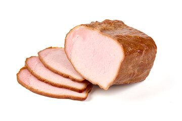 Natural smoked pork loin, isolated on white background.