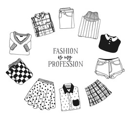 Hand drawn frame with Clothes. Wear Vector background. Actual fashion illustration. Original doodle style drawing. Creative ink art work