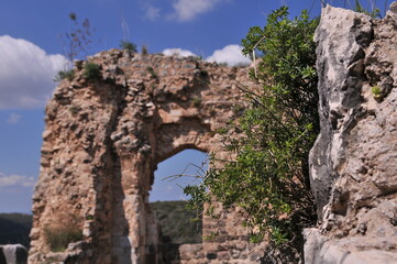 Montfort Castle. Qal'at al-Qurain or Qal'at al-Qarn - "Castle of the Little Horn" a ruined Crusader castle in the Upper Galilee region. Ruins of Monfort castle, Israel