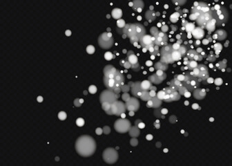 Vector falling snow effect isolated on transparent background with blurred bokeh.