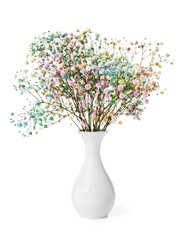 Vase with colorful gypsophila flowers on white background