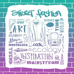 Vector hand drawn fashion illustration. Actual doodle set, dark fashion, cyberpunk style