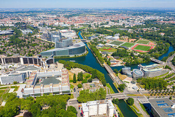 Strasbourg, France. European Administrative Buildings. City center panorama. Aerial view, Summer