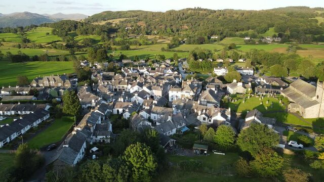 Hawkshead village Lake District Cumbria UK Drone footage POV 4K 
