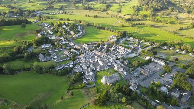 Hawkshead village Lake District Cumbria UK Drone footage HIgh Point of view
