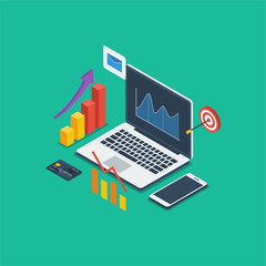 Digital marketing, business strategy. Laptop, smartphone, graph bar, target icon. Flat vector illustration suitable for many purposes.