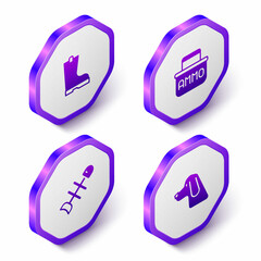 Set Isometric Waterproof rubber boot, Ammunition box, Dead fish and Hunting dog icon. Purple hexagon button. Vector