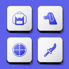 Set Hiking backpack, Hunting dog, Sniper optical sight and Hunter knife icon. White square button. Vector