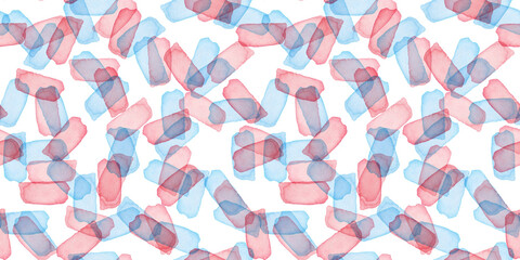 Paintbrush Stroke Blot Seamless Watercolor Pattern. Abstract watercolour shapes in Pink and Blue Color. Light Design for Teen Kid and School Clothes