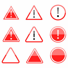 A lot of red danger icon. Road traffic. Warning road signs. Triangle and circle mark. Vector illustration. Stock image.