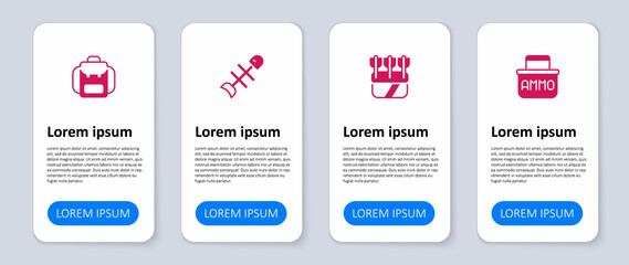 Set Ammunition box, Quiver with arrows, Dead fish and Hiking backpack. Business infographic template. Vector