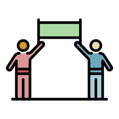 Two people protest banner icon. Outline two people protest banner vector icon color flat isolated
